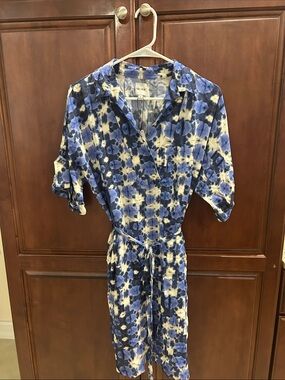 NIC+ZOE Blue and Cream Floral Tie-Waist Dress with Pockets